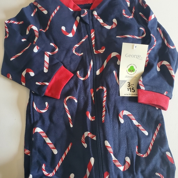 Babies Navy Blue Candy Cane Footed Zip Onesie - Picture 2 of 2